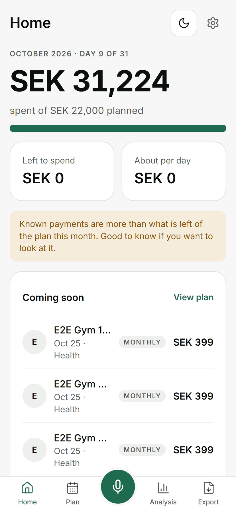 The TellBudget home screen on a phone, showing this month's spending against the plan.